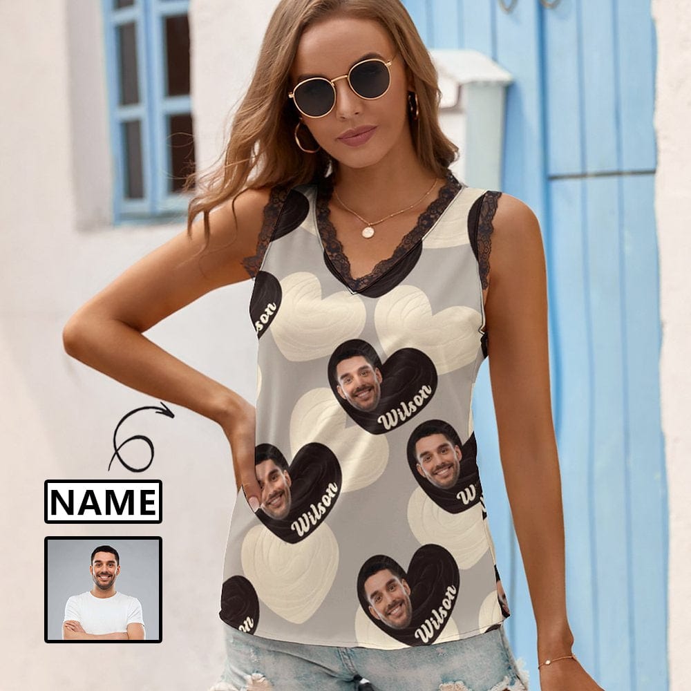 Custom Name&Face Tank Tops Personalized Women's V-Neck Sleeveless Top