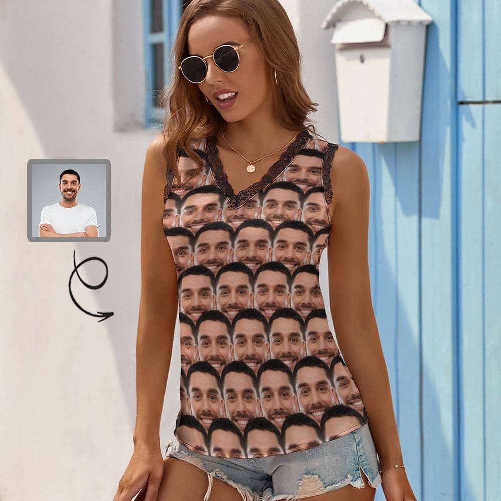 Face on Tank Top Seamless Personalized Women's V-Neck Sleeveless Tops
