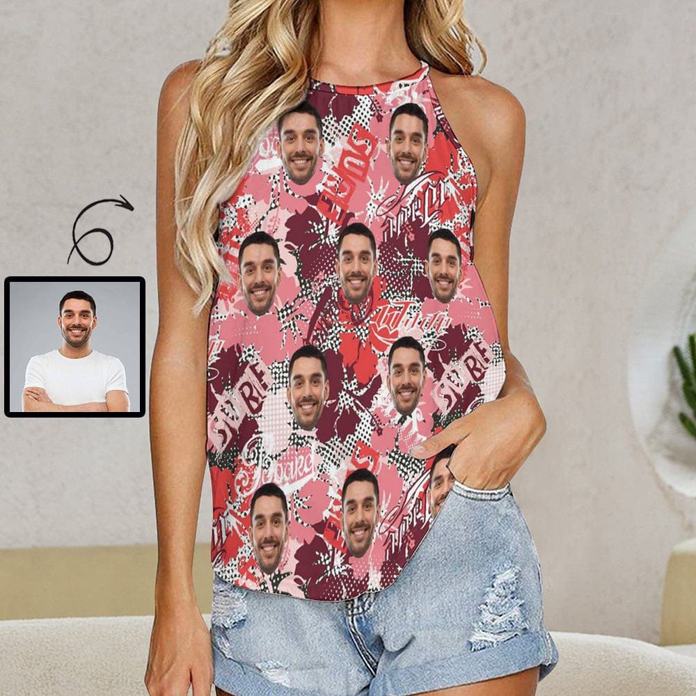 Women's Top with Custom Face Graffiti Halterneck Strapless Vest Shirt