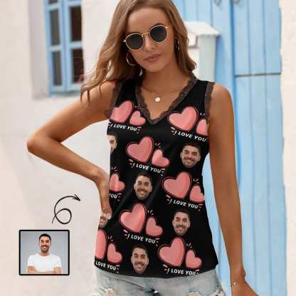Tops with Custom Face Design I Love You Women's V-Neck Sleeveless Top
