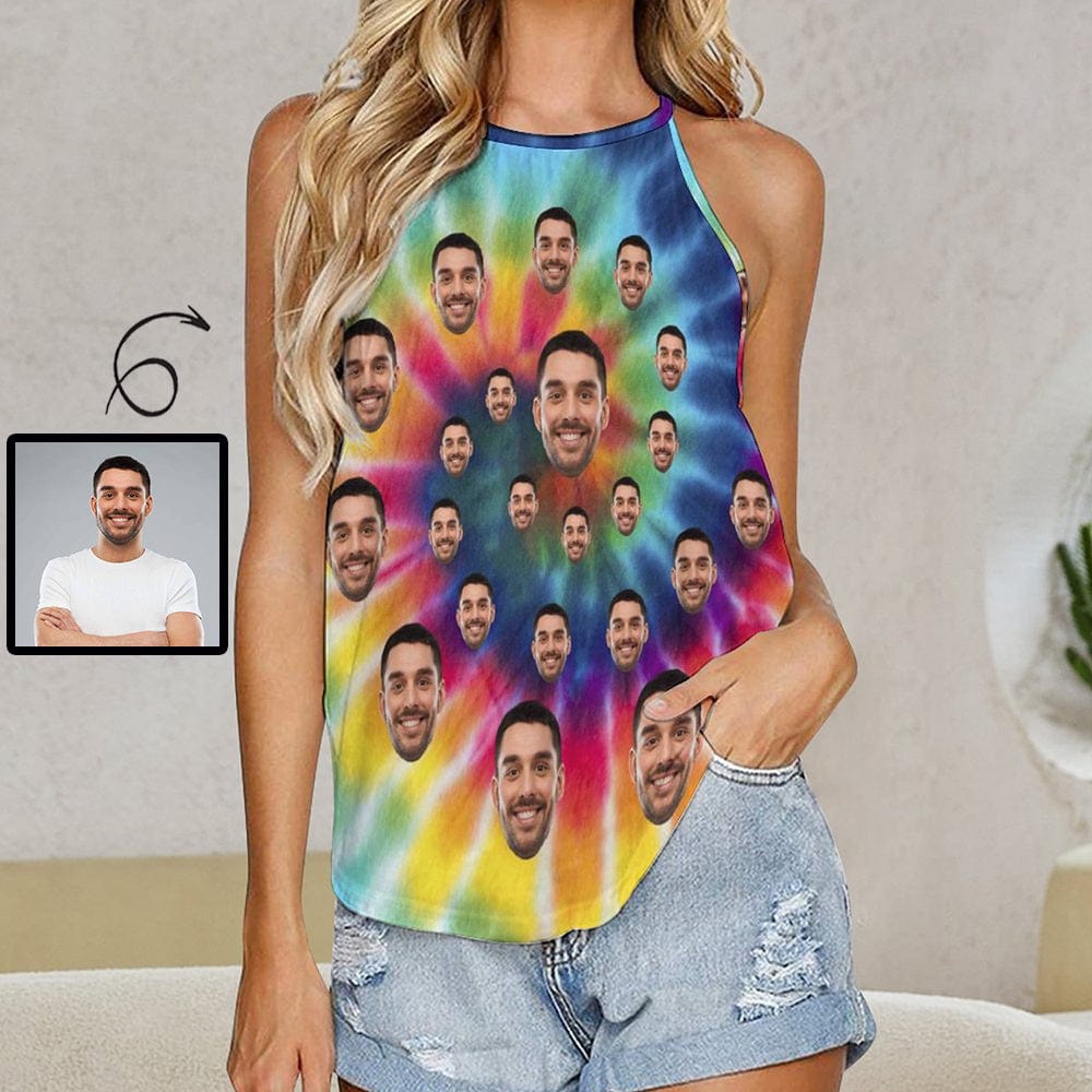 Women's Design Face Top Tie Dye Halterneck Strapless Print Vest Shirt