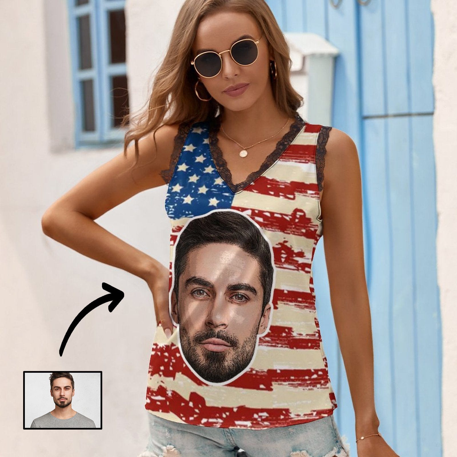 Custom Face on Tank Top Flag Personalized Women V-Neck Sleeveless Top