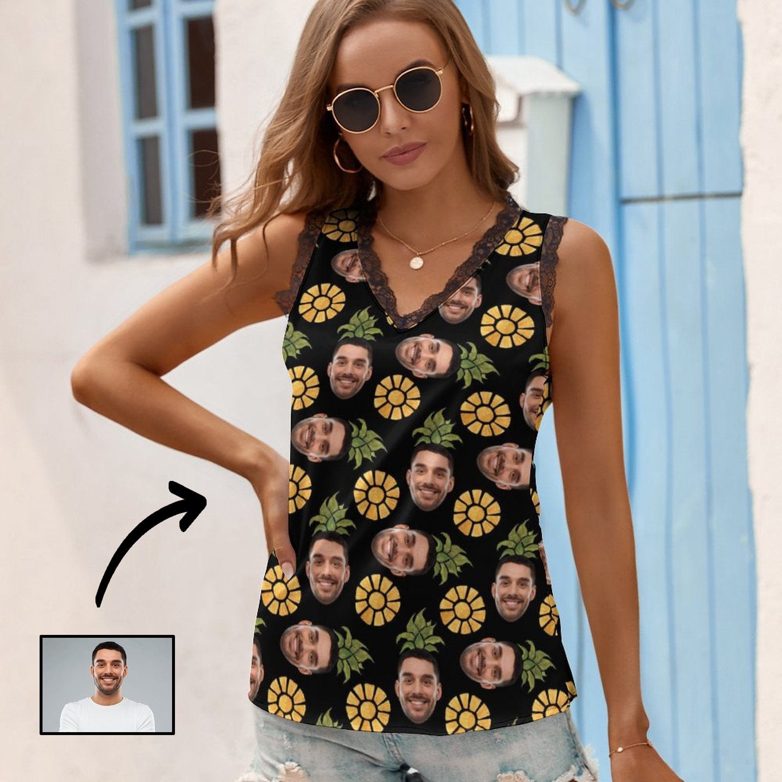 Custom Face on Tank Tops Pineapple Women's V-Neck Sleeveless Tank Top