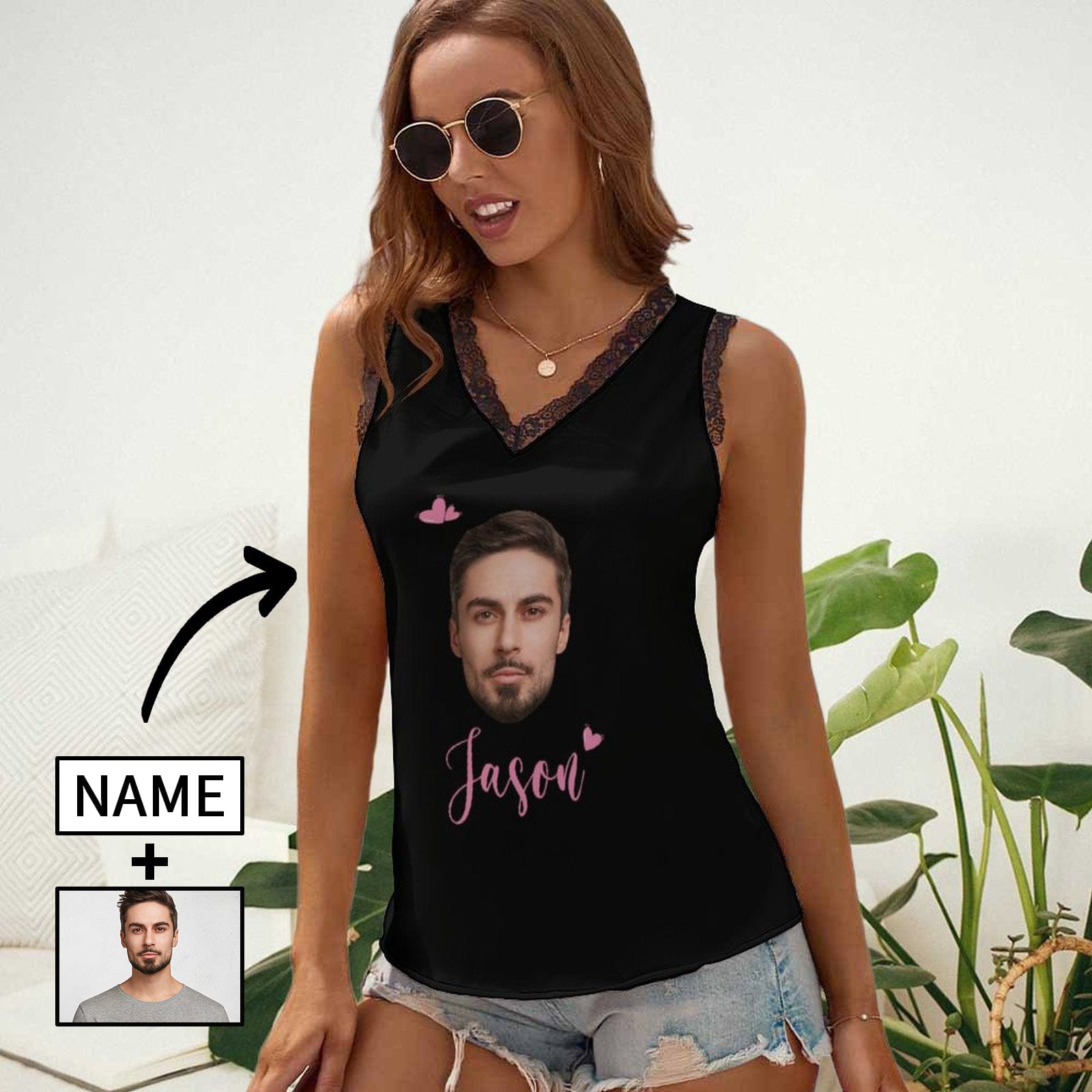 Custom Name&Face Tank Tops Personalized Women's V-Neck Sleeveless Top