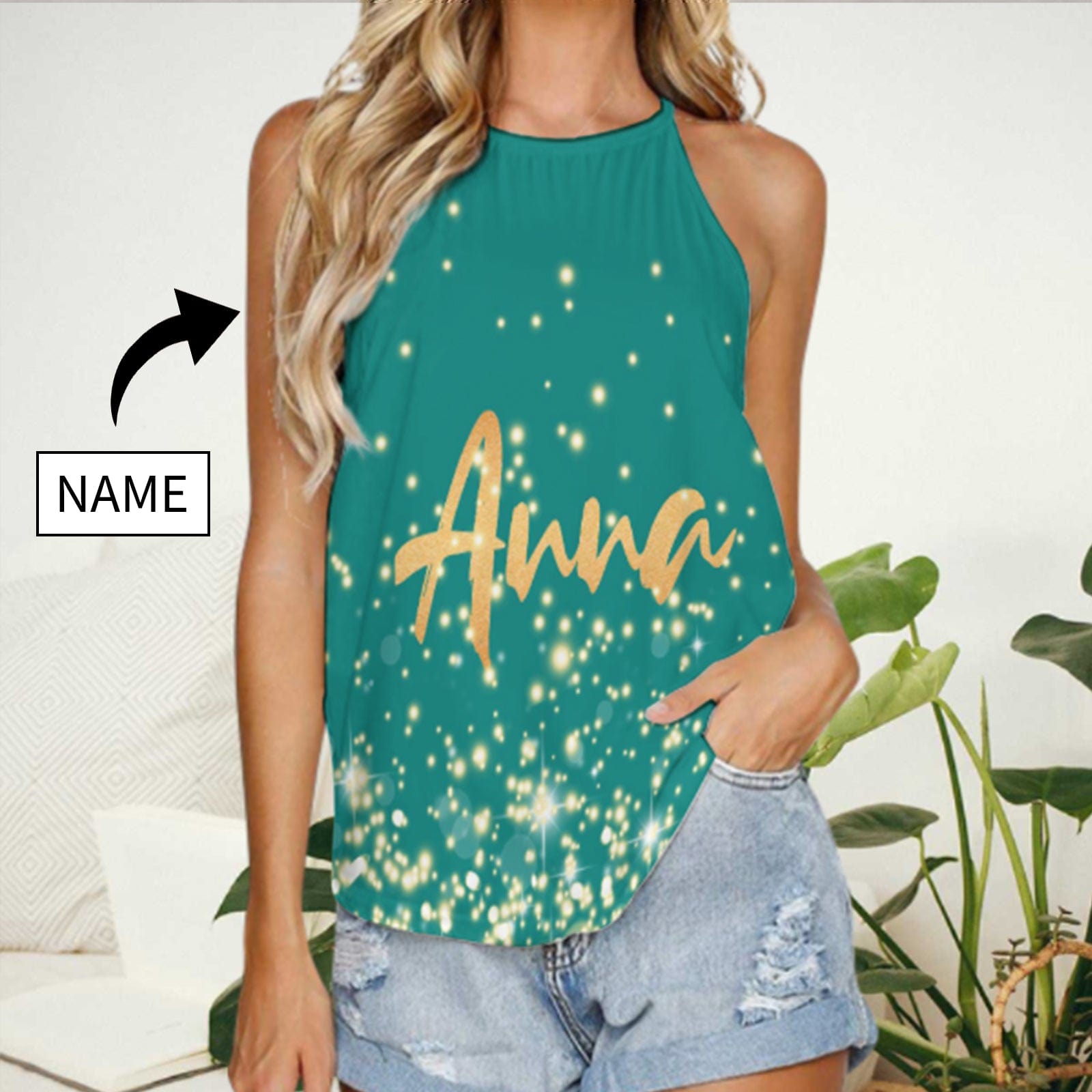 Custom Name Tank Tops Green Women Face Halterneck Strapless Print Vest
