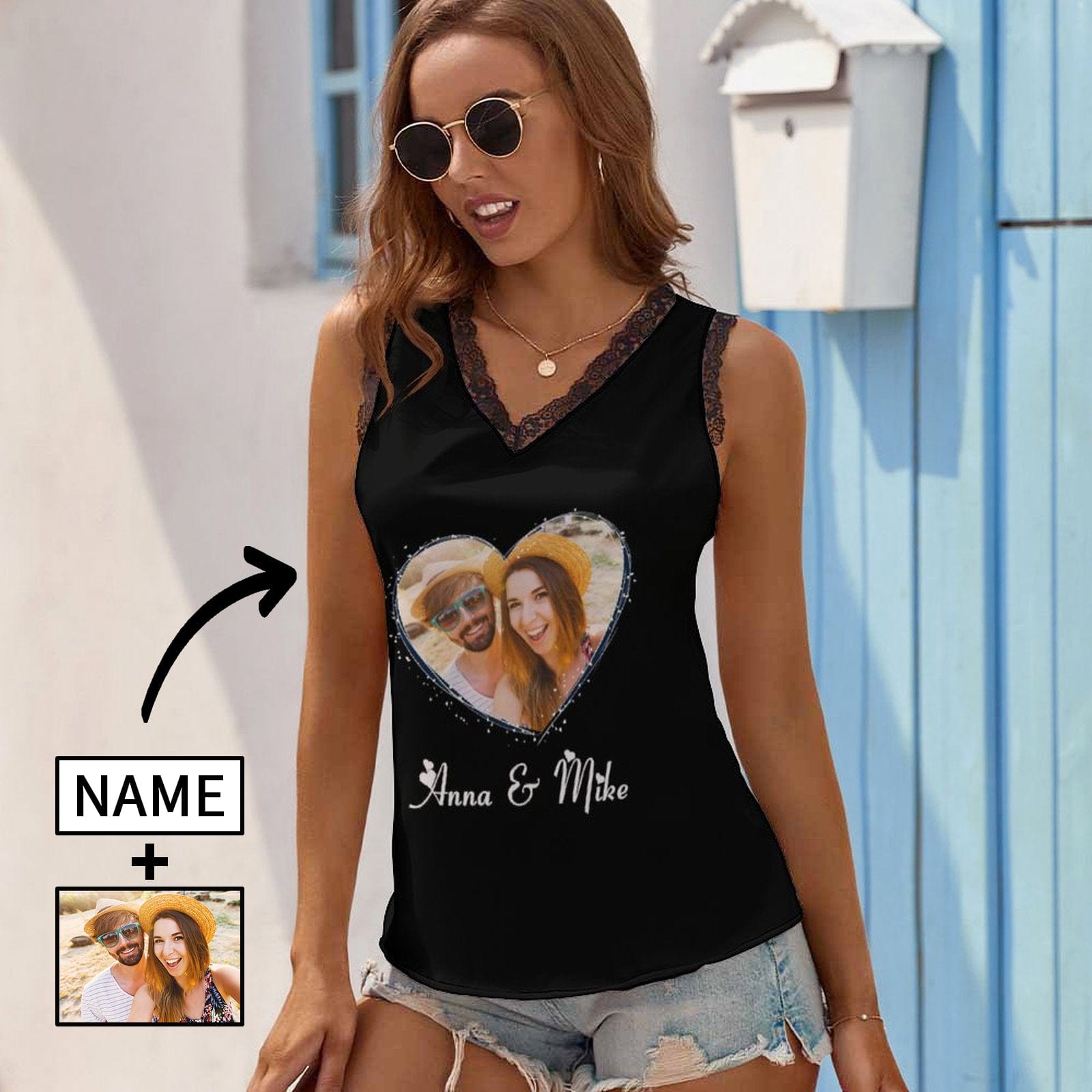 Custom Name&Photo on Tank Top Love Heart Women's V-Neck Sleeveless Top