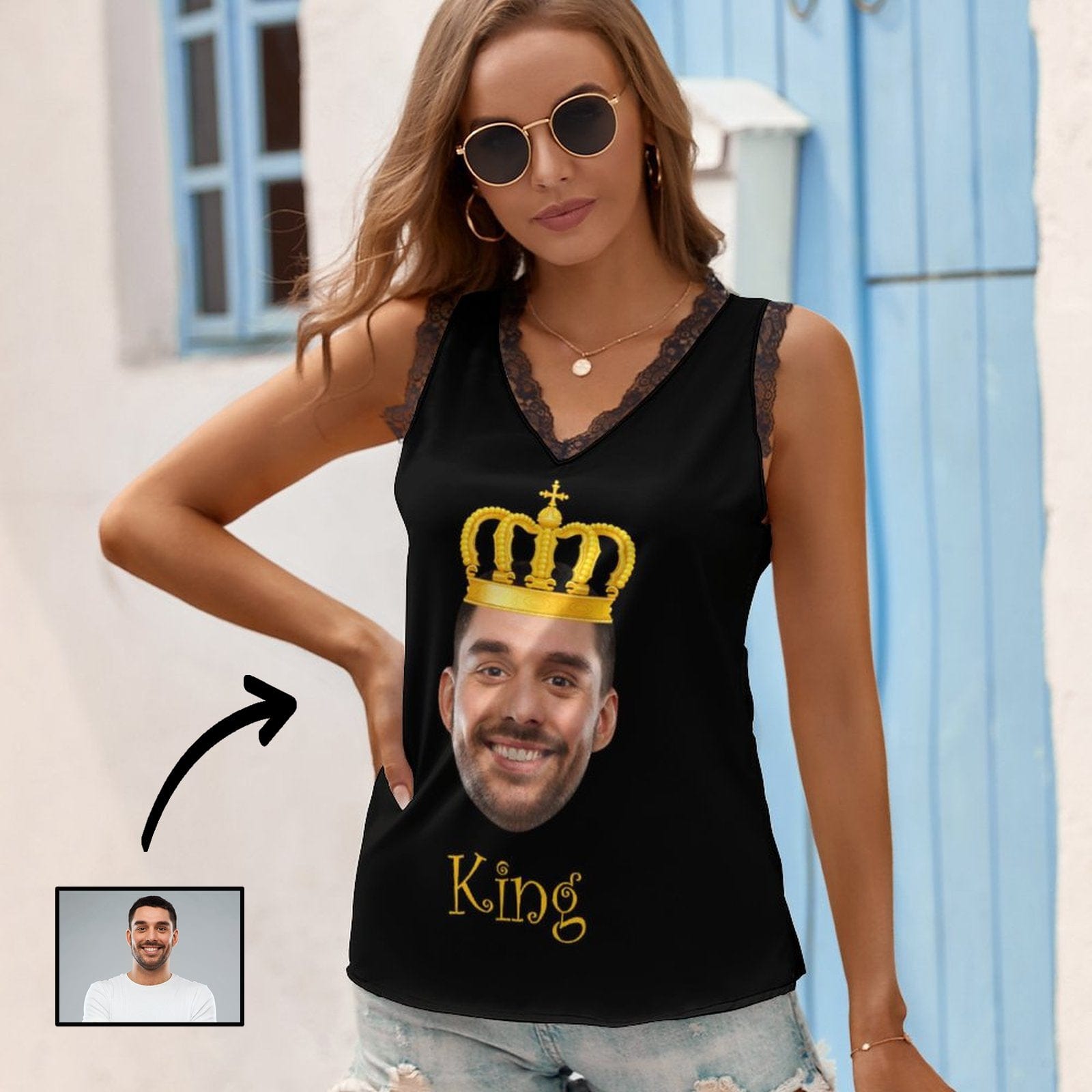 Face on Tank Top Crown King Personalized Women's V-Neck Sleeveless Top