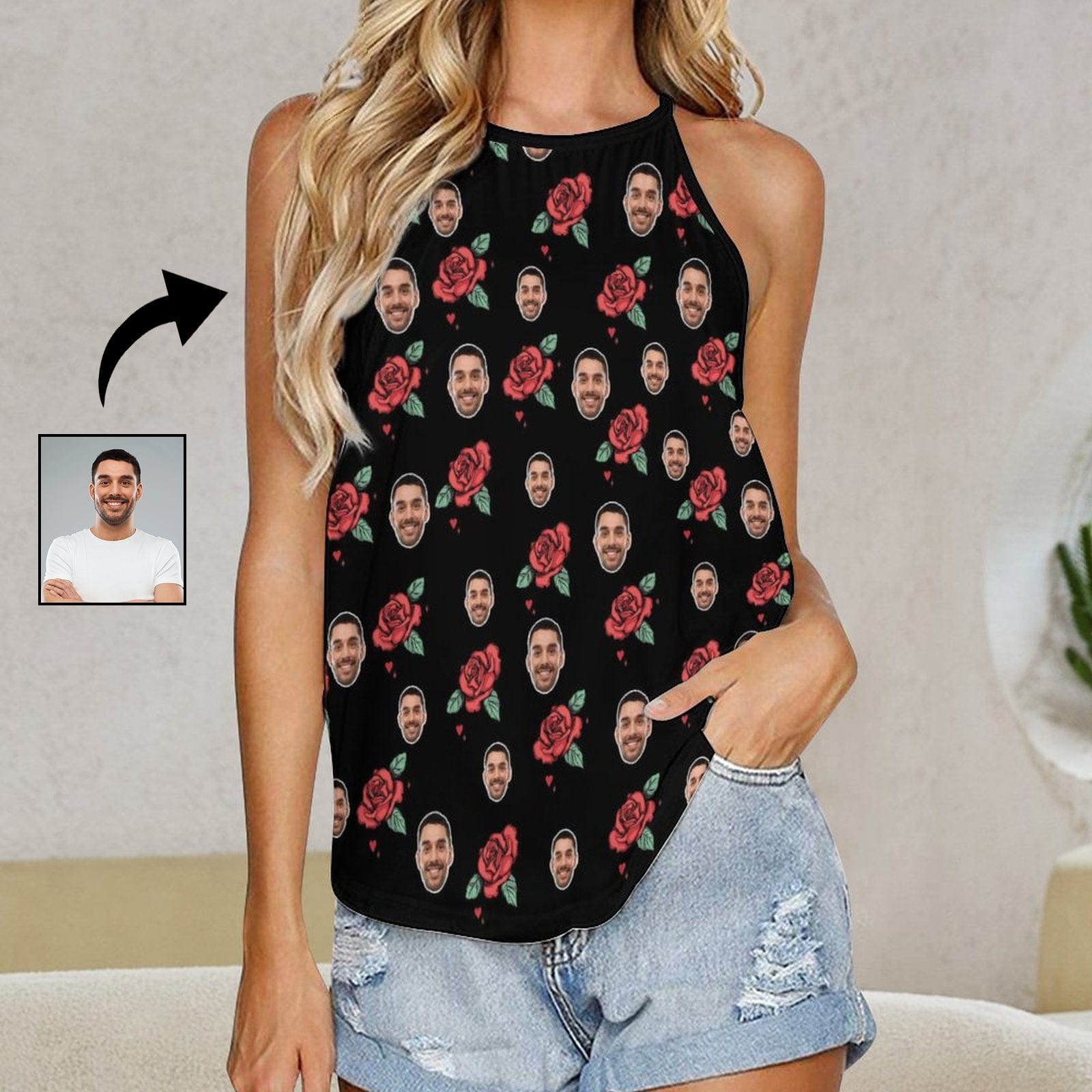 Custom Face Roses Summer Halterneck Strapless Print Vest Shirts