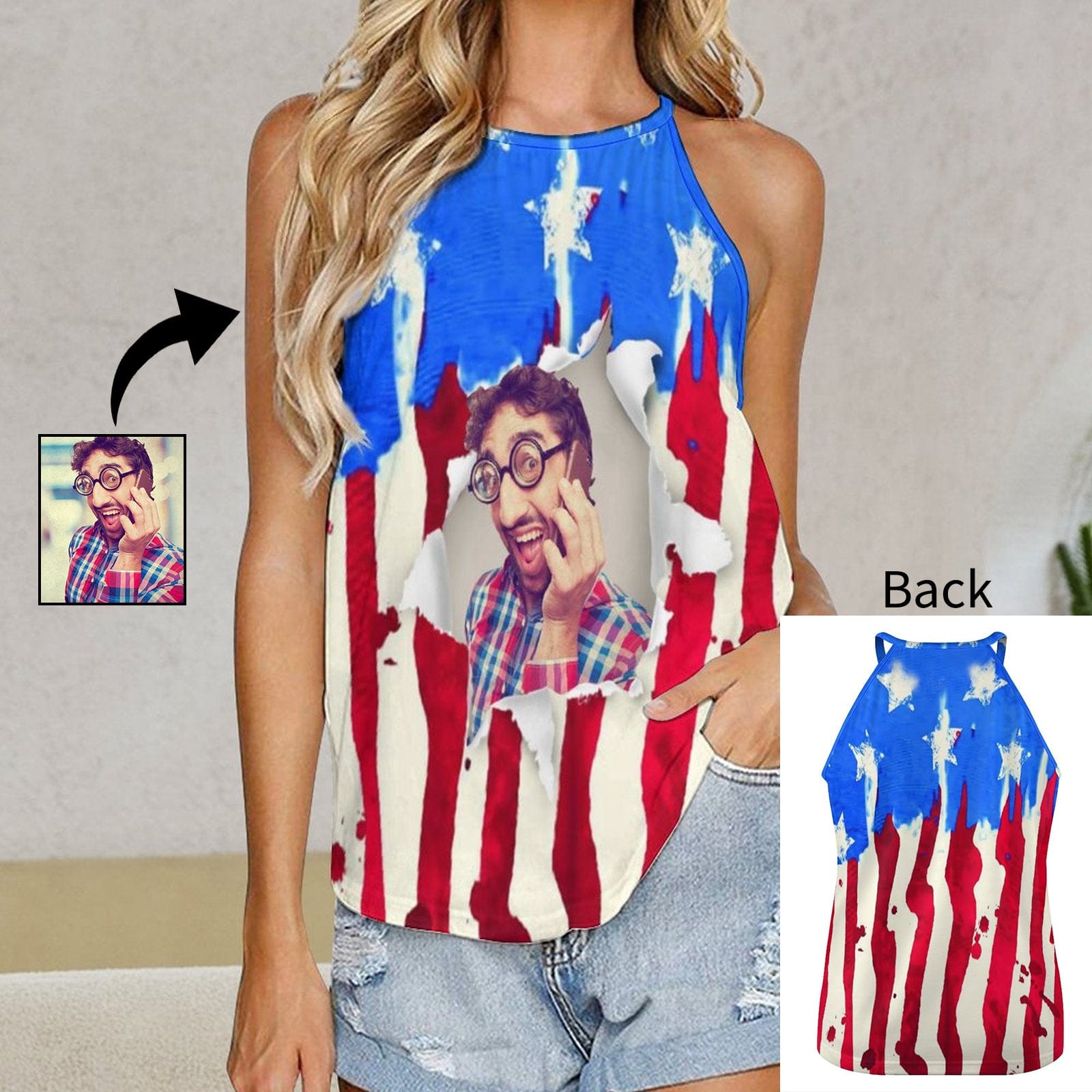 Custom Face Torn Flag Halterneck Strapless Print Vest Shirts Women Top