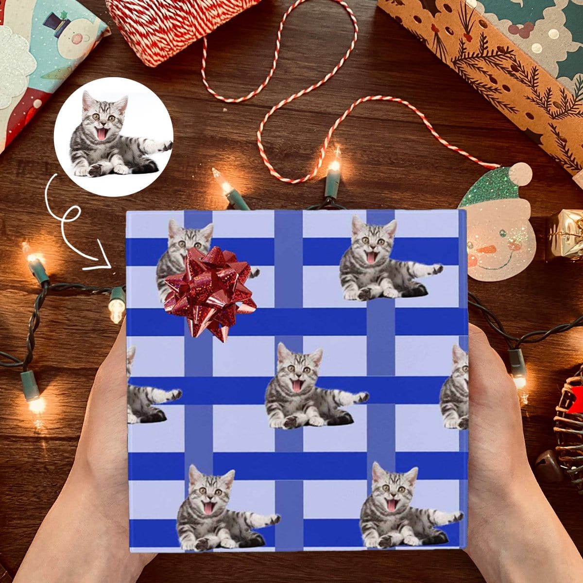 Photo Gift Paper Custom Pet Plaid Blue Wrap Paper Customize Wrap Paper