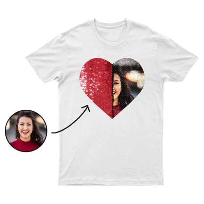 Custom #XS-4XL-Custom Heart Shaped Flip Sequin With Picture Unisex T Shirt Valentine Day Gift Christmas Gifts - YesCustom