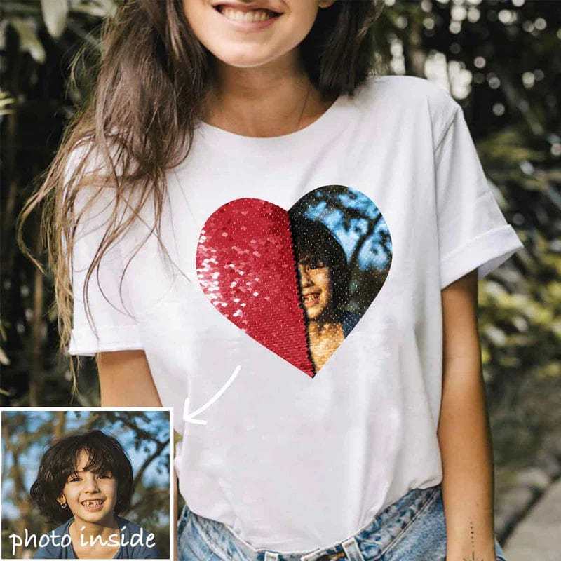 Custom #XS-4XL-Custom Heart Shaped Flip Sequin With Picture Unisex T Shirt Valentine Day Gift Christmas Gifts - YesCustom