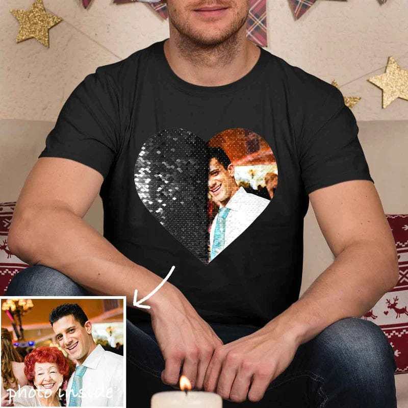 Custom #XS-4XL-Custom Heart Shaped Flip Sequin With Picture Unisex T Shirt Valentine Day Gift Christmas Gifts - YesCustom