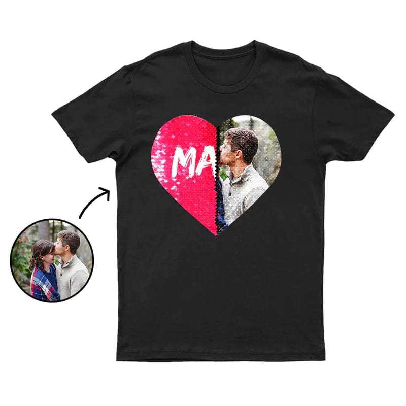 Custom #XS-4XL-Custom Photo DIY Heart Flip Sequin Tee Couple Matching Unisex Cotton T-shirt For Men and Women - YesCustom