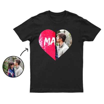 Custom #XS-4XL-Custom Photo DIY Heart Flip Sequin Tee Couple Matching Unisex Cotton T-shirt For Men and Women - YesCustom