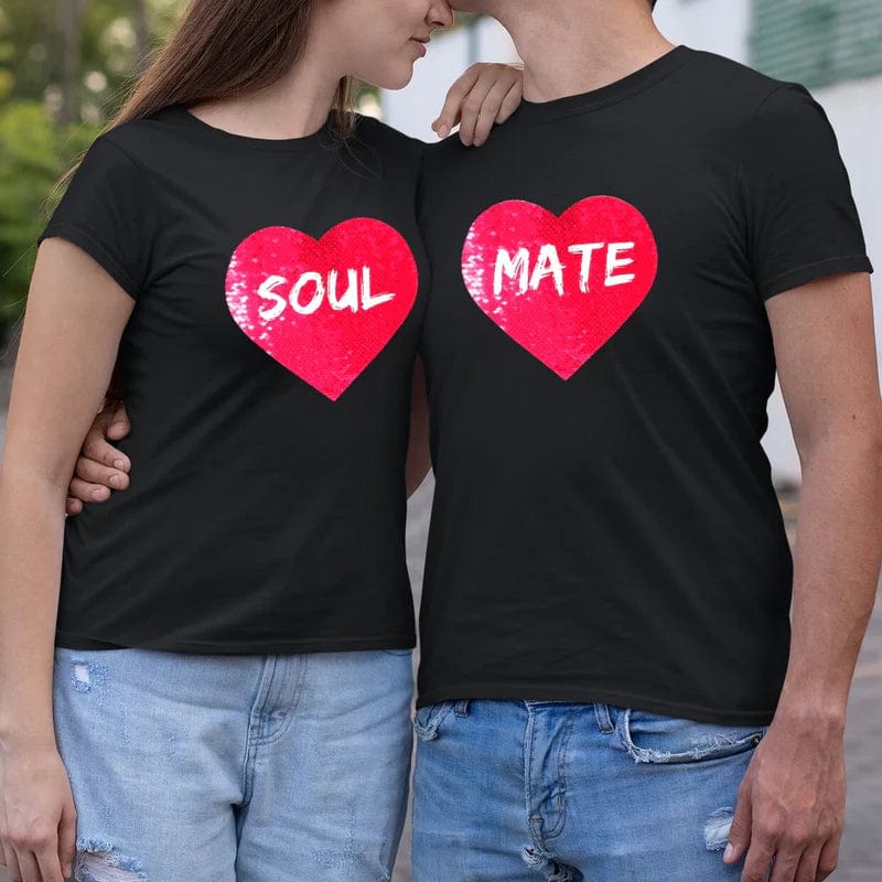Custom #XS-4XL-Custom Photo DIY Heart Flip Sequin Tee Couple Matching Unisex Cotton T-shirt For Men and Women - YesCustom
