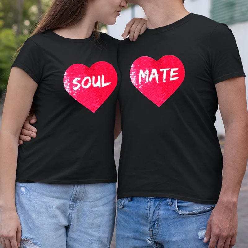 Custom #XS-4XL-Custom Photo DIY Heart Flip Sequin Tee Couple Matching Unisex Cotton T-shirt For Men and Women - YesCustom