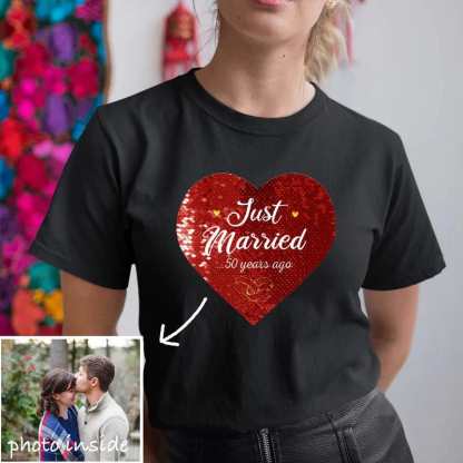 Custom #XS-4XL-Custom Photo DIY Heart Flip Sequin Tee Just Married Unisex Cotton T-shirt For Men and Women - YesCustom