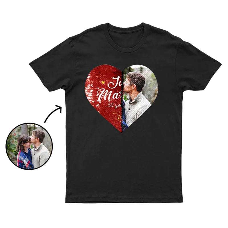 Custom #XS-4XL-Custom Photo DIY Heart Flip Sequin Tee Just Married Unisex Cotton T-shirt For Men and Women - YesCustom