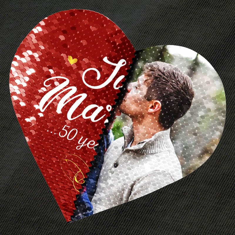 Custom #XS-4XL-Custom Photo DIY Heart Flip Sequin Tee Just Married Unisex Cotton T-shirt For Men and Women - YesCustom