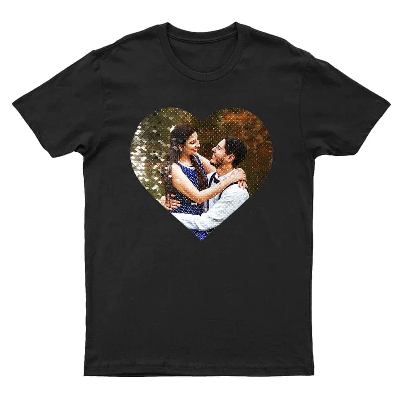 Custom #XS-4XL-Custom Photo DIY Heart Flip Sequin Tee Unisex Cotton T-shirt For Men and Women - YesCustom