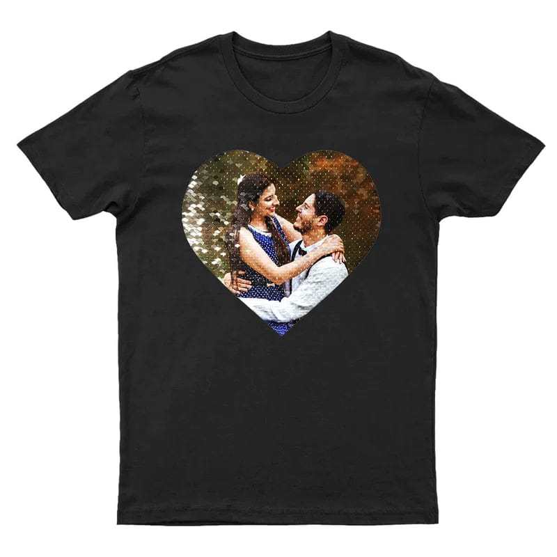 Custom #XS-4XL-Custom Photo DIY Heart Flip Sequin Tee Unisex Cotton T-shirt For Men and Women - YesCustom
