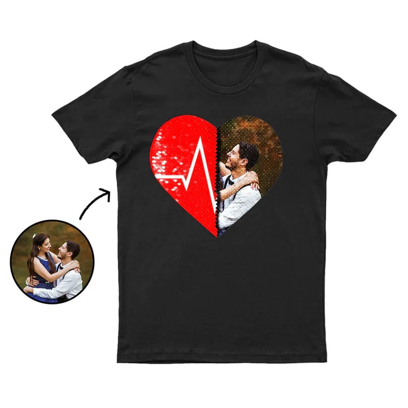 Custom #XS-4XL-Custom Photo DIY Heart Flip Sequin Tee Unisex Cotton T-shirt For Men and Women - YesCustom