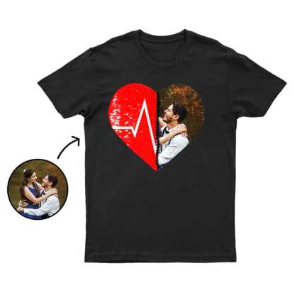Custom #XS-4XL-Custom Photo DIY Heart Flip Sequin Tee Unisex Cotton T-shirt For Men and Women - YesCustom