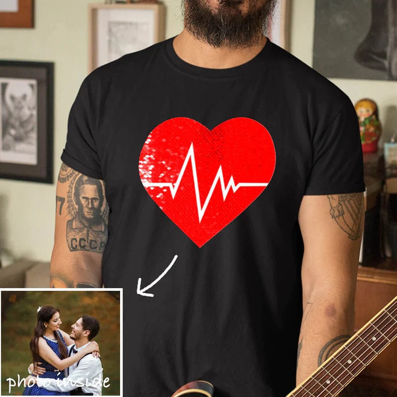 Custom #XS-4XL-Custom Photo DIY Heart Flip Sequin Tee Unisex Cotton T-shirt For Men and Women - YesCustom