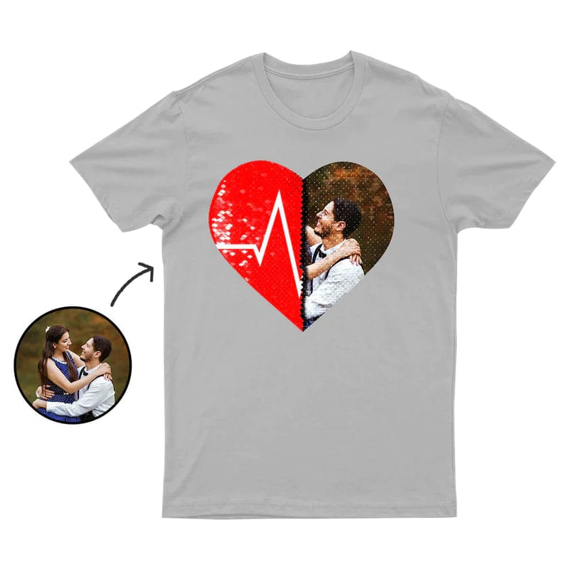 Custom #XS-4XL-Custom Photo DIY Heart Flip Sequin Tee Unisex Cotton T-shirt For Men and Women - YesCustom