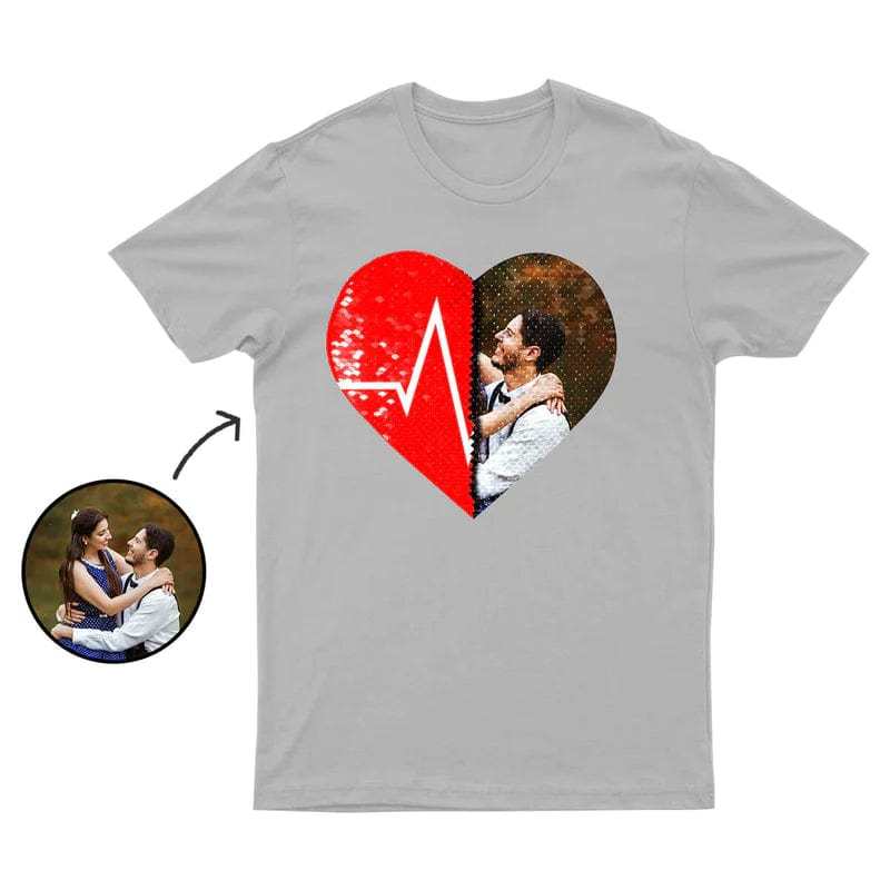 Custom #XS-4XL-Custom Photo DIY Heart Flip Sequin Tee Unisex Cotton T-shirt For Men and Women - YesCustom