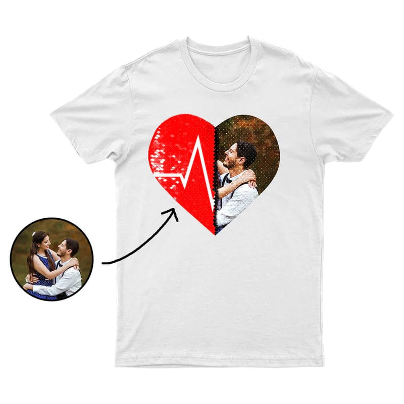 Custom #XS-4XL-Custom Photo DIY Heart Flip Sequin Tee Unisex Cotton T-shirt For Men and Women - YesCustom