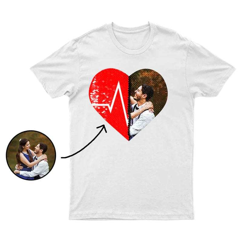 Custom #XS-4XL-Custom Photo DIY Heart Flip Sequin Tee Unisex Cotton T-shirt For Men and Women - YesCustom