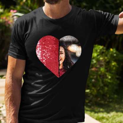Custom #XS-4XL-Custom Heart Shaped Flip Sequin With Picture Unisex T Shirt Valentine Day Gift Christmas Gifts - YesCustom