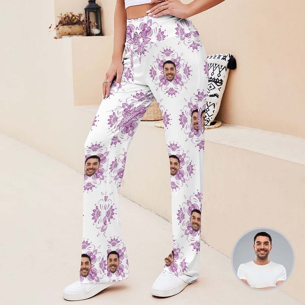 Custom Face Purple Flower Women's Straight-Leg Loose Drawstring Pants
