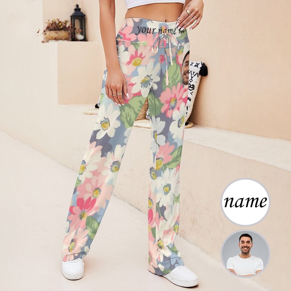 Custom Photo&Name Flower Women's Loose Drawstring Lounge Pants
