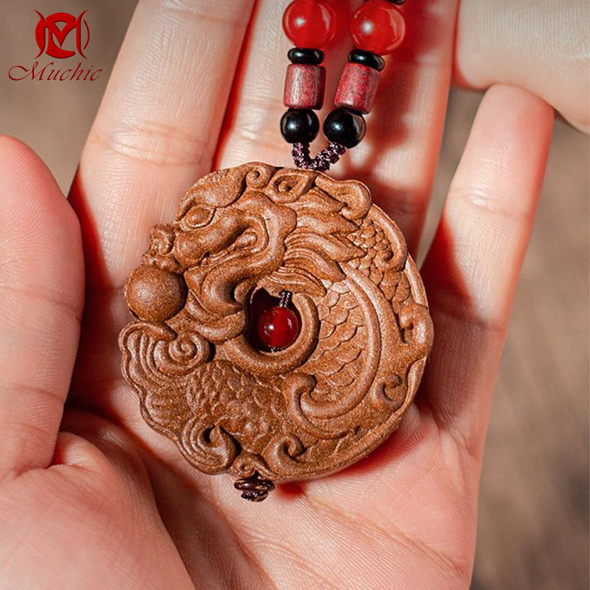 Natural handmade fish turning into dragon double-sided carved incense tag for men and women