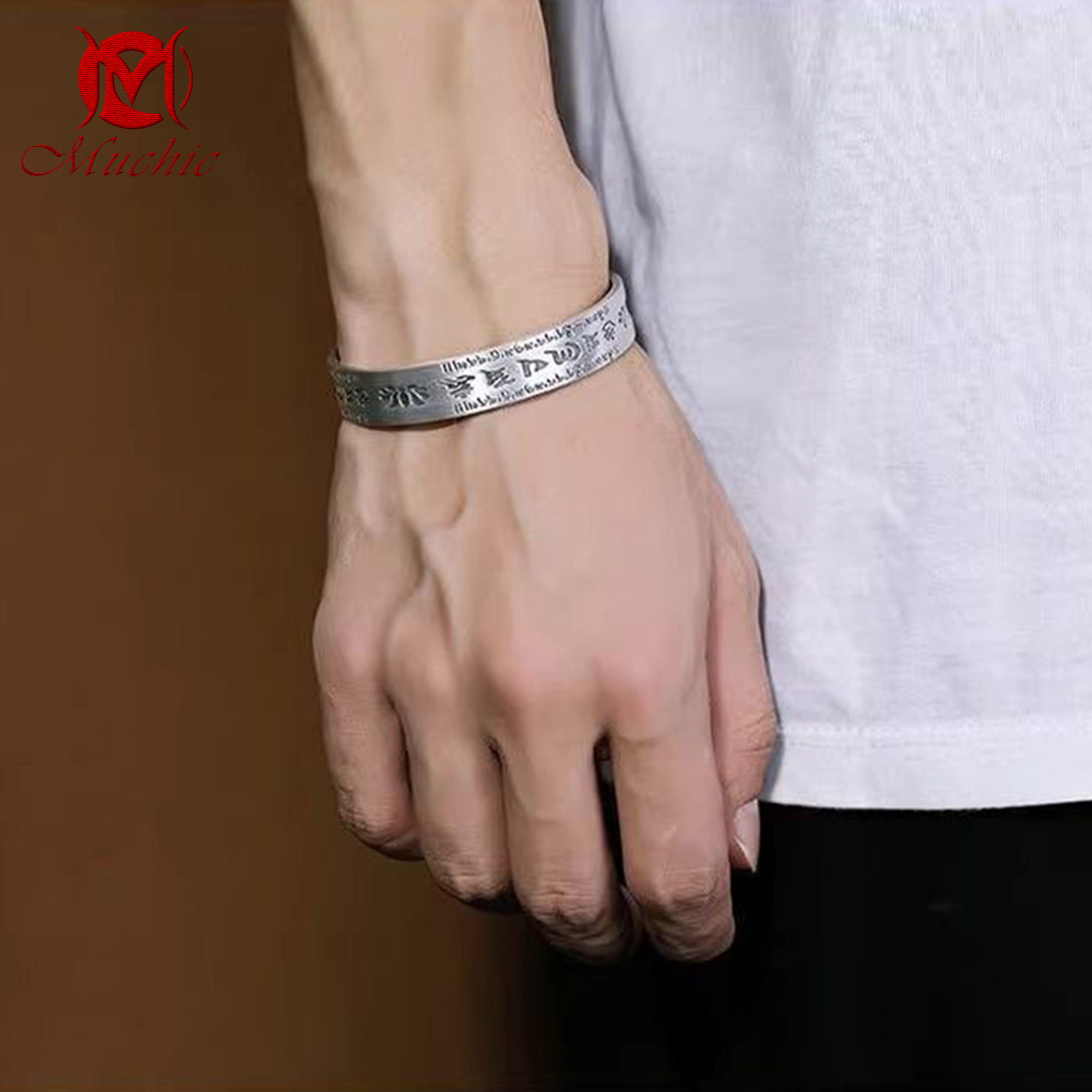 9999 sterling silver vintage om mani padme hum buddha silver lotus men's bracelet(duty free)