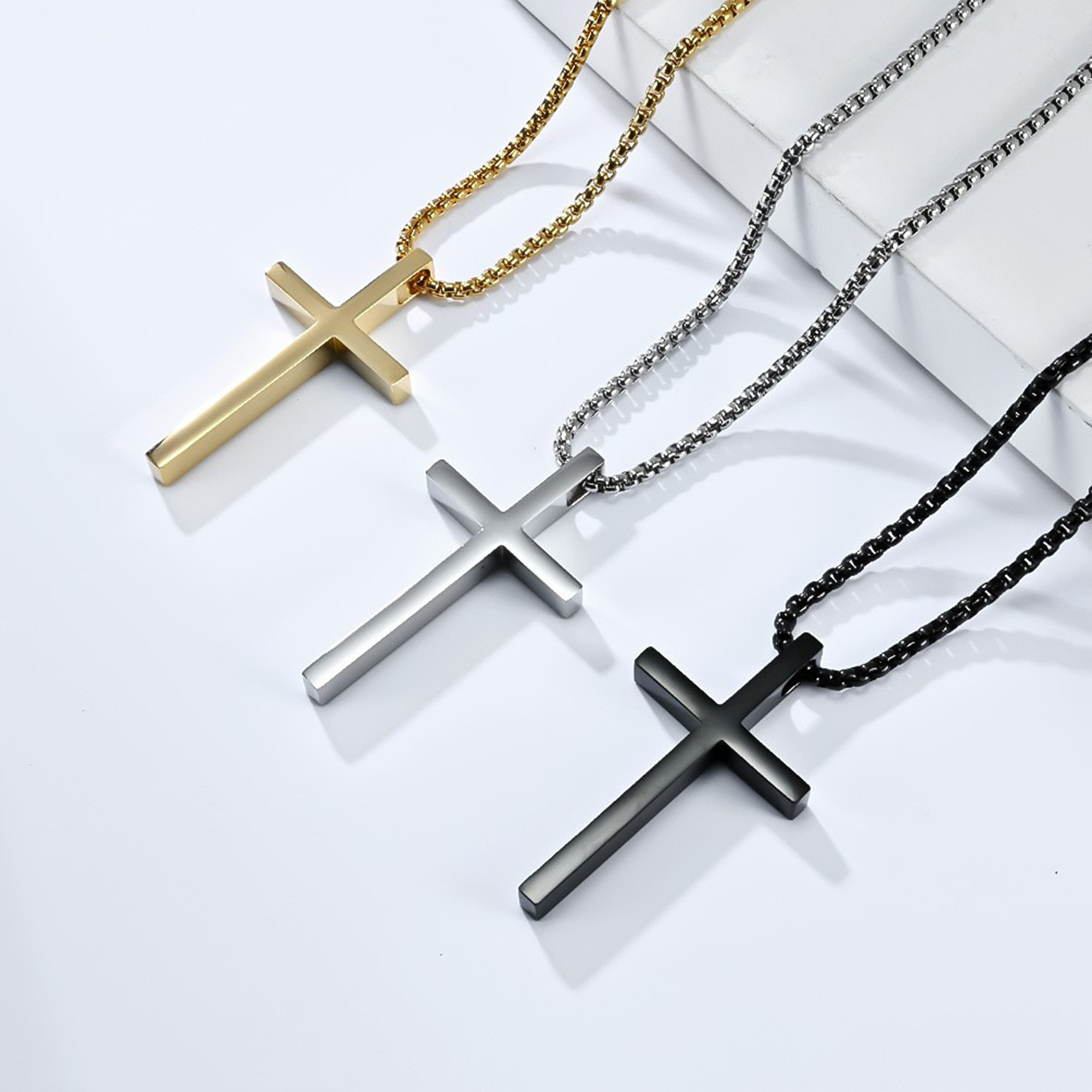 Ins Genderless Simple Titanium Steel Cross Necklace Glossy Niche Personality Men And Women Wear Sweater Chain Pendant