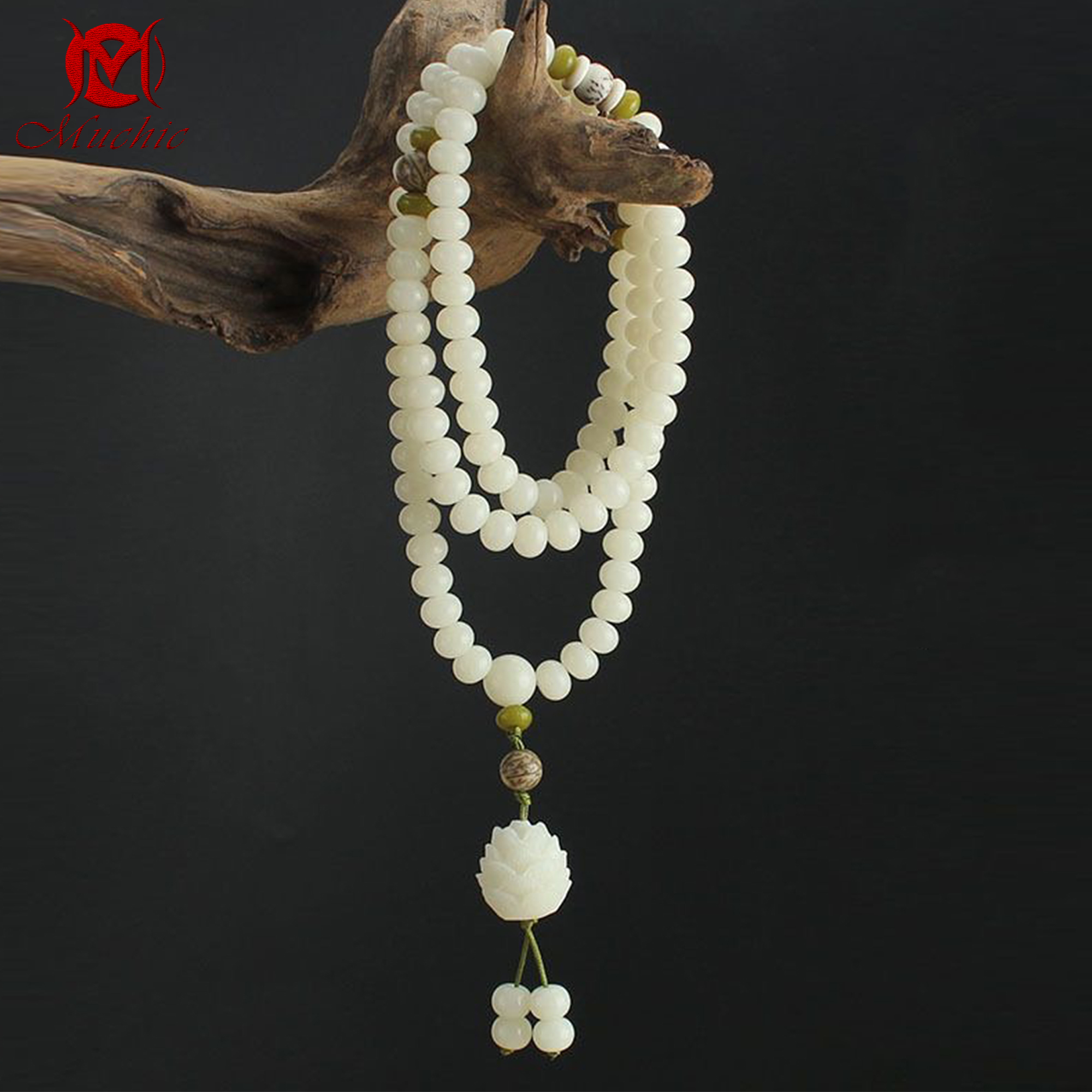 Natural white jade bodhi root bracelet luck buddhist beads rosary men and women