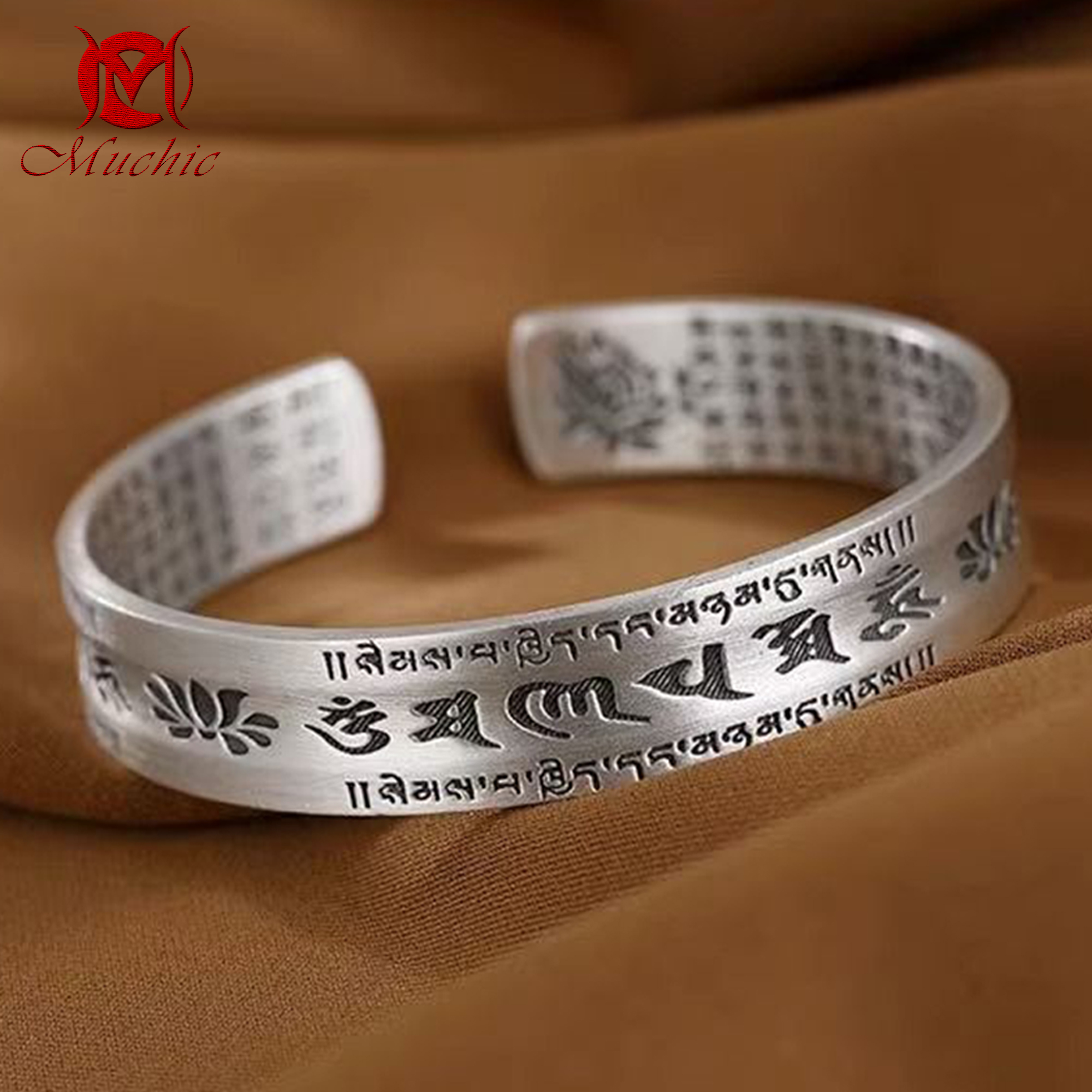9999 sterling silver vintage om mani padme hum buddha silver lotus men's bracelet(duty free)