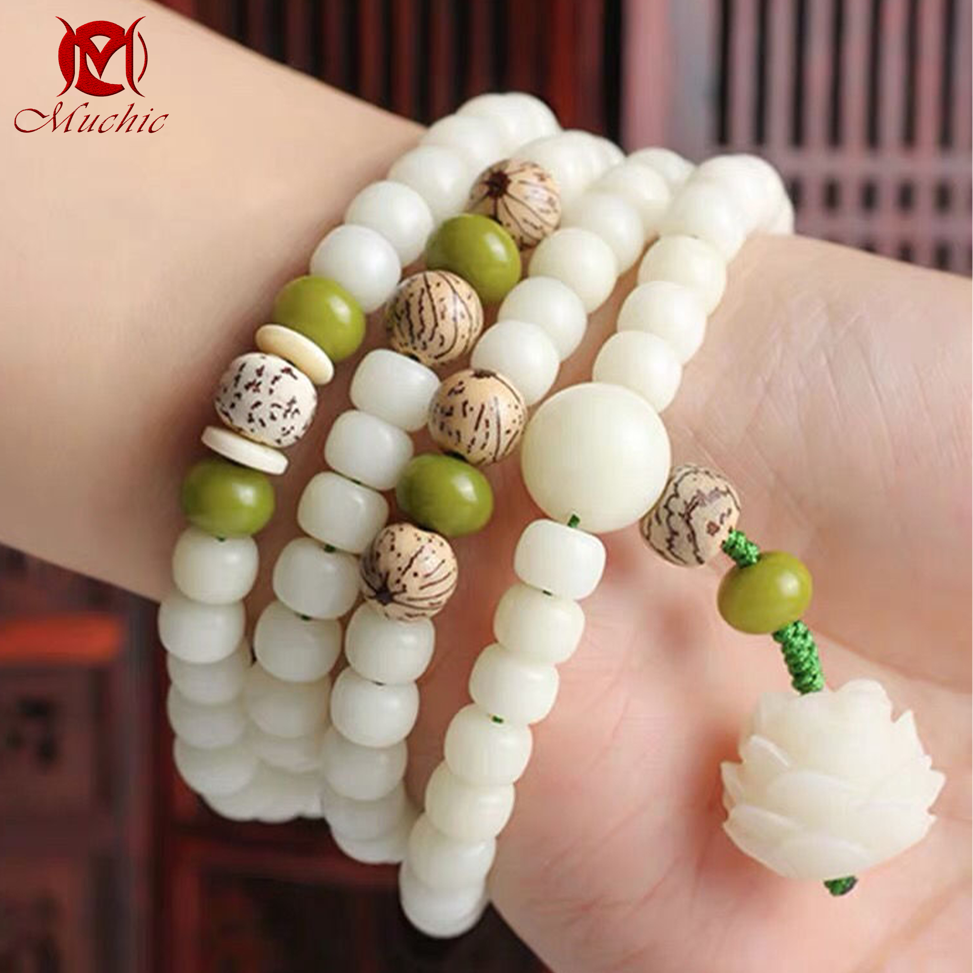 Natural white jade bodhi root bracelet luck buddhist beads rosary men and women