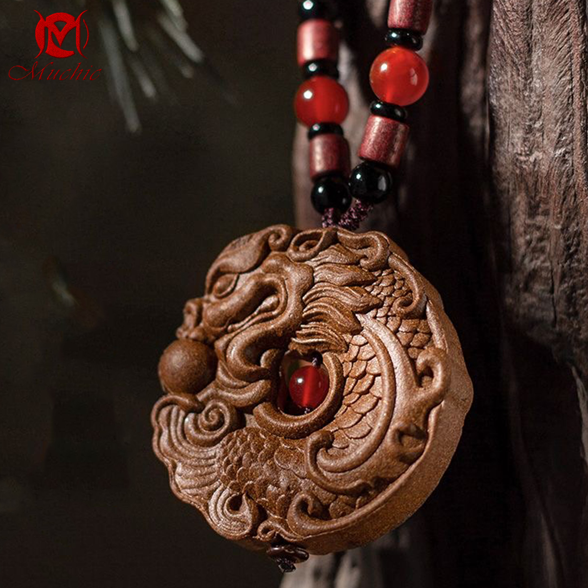 Natural handmade fish turning into dragon double-sided carved incense tag for men and women