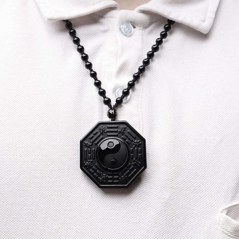 Buddha Stones Black Obsidian Stone Yin Yang Pendant Necklace(duty free)