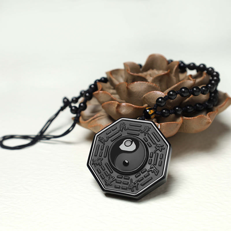 Buddha Stones Black Obsidian Stone Yin Yang Pendant Necklace(duty free)
