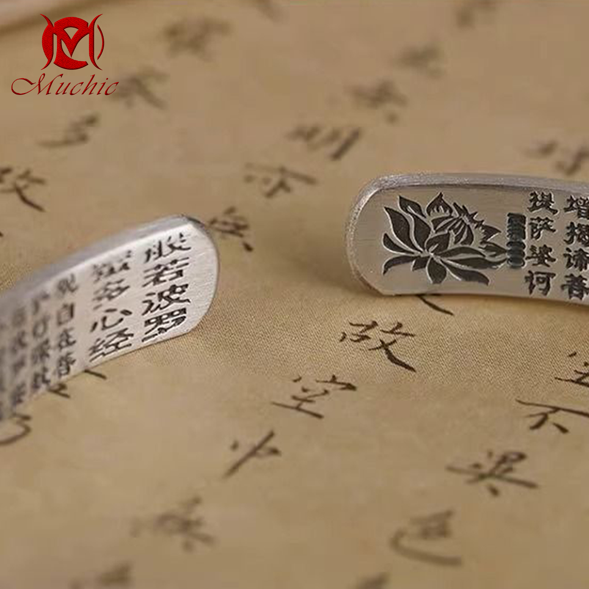 9999 sterling silver vintage om mani padme hum buddha silver lotus men's bracelet(duty free)