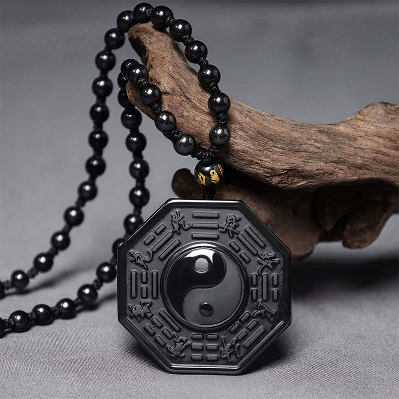 Buddha Stones Black Obsidian Stone Yin Yang Pendant Necklace(duty free)