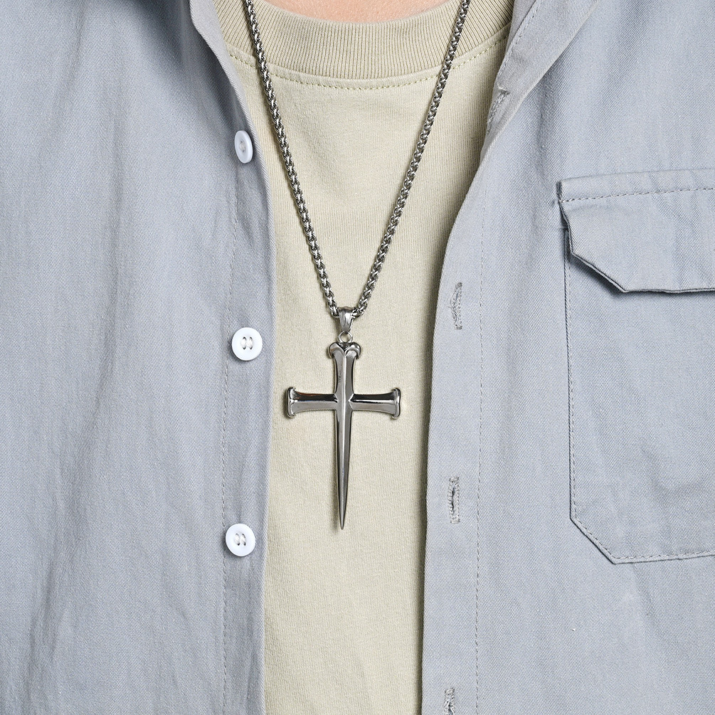 Simple glossy steel stud titanium steel cross necklace