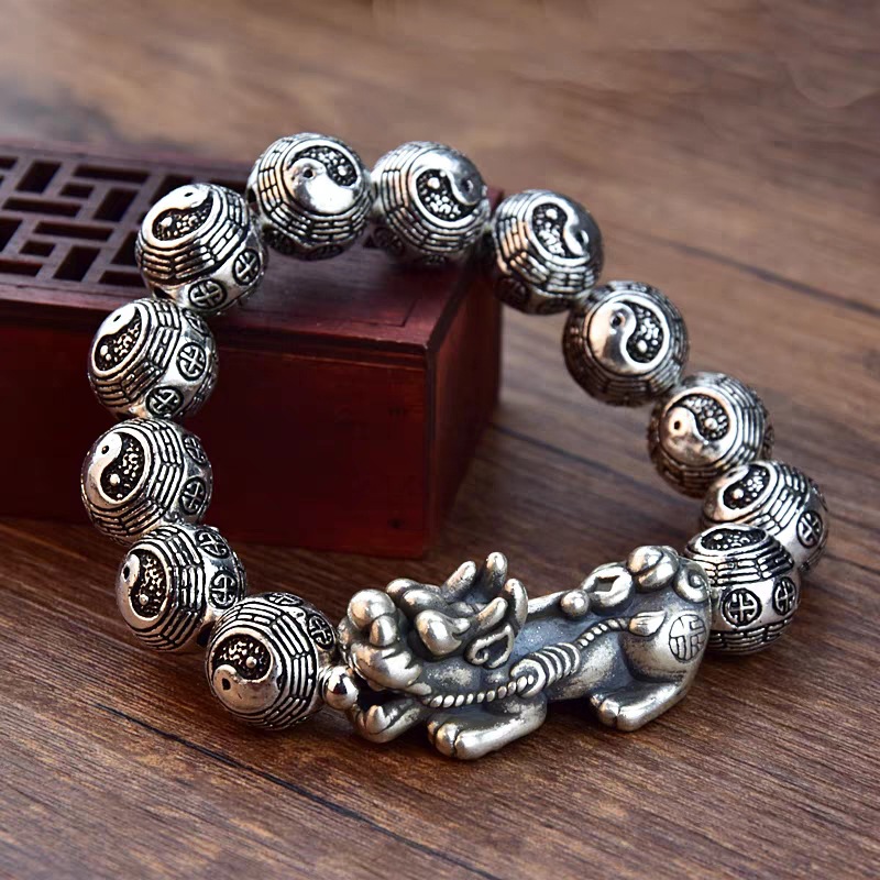 Antique silver-plated Thai-style Taoist Bagua Pixiu bracelet