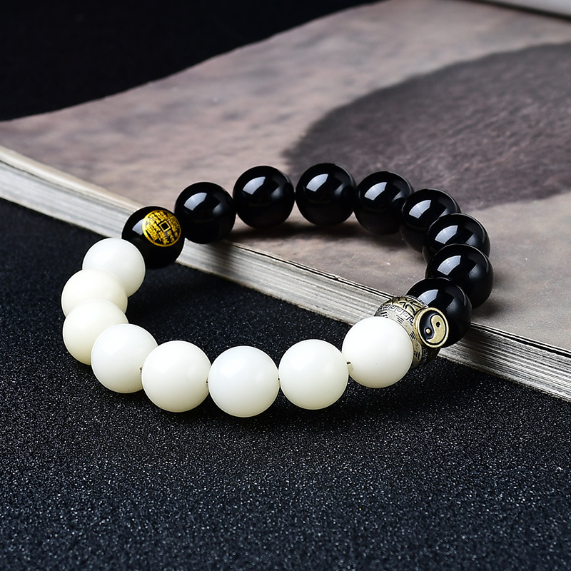Taoist Natural Black Obsidian "Mountain Ghost" Coin, Nine-Character Mantra & Hunyuan Bead, and Eight Trigrams Bracelet